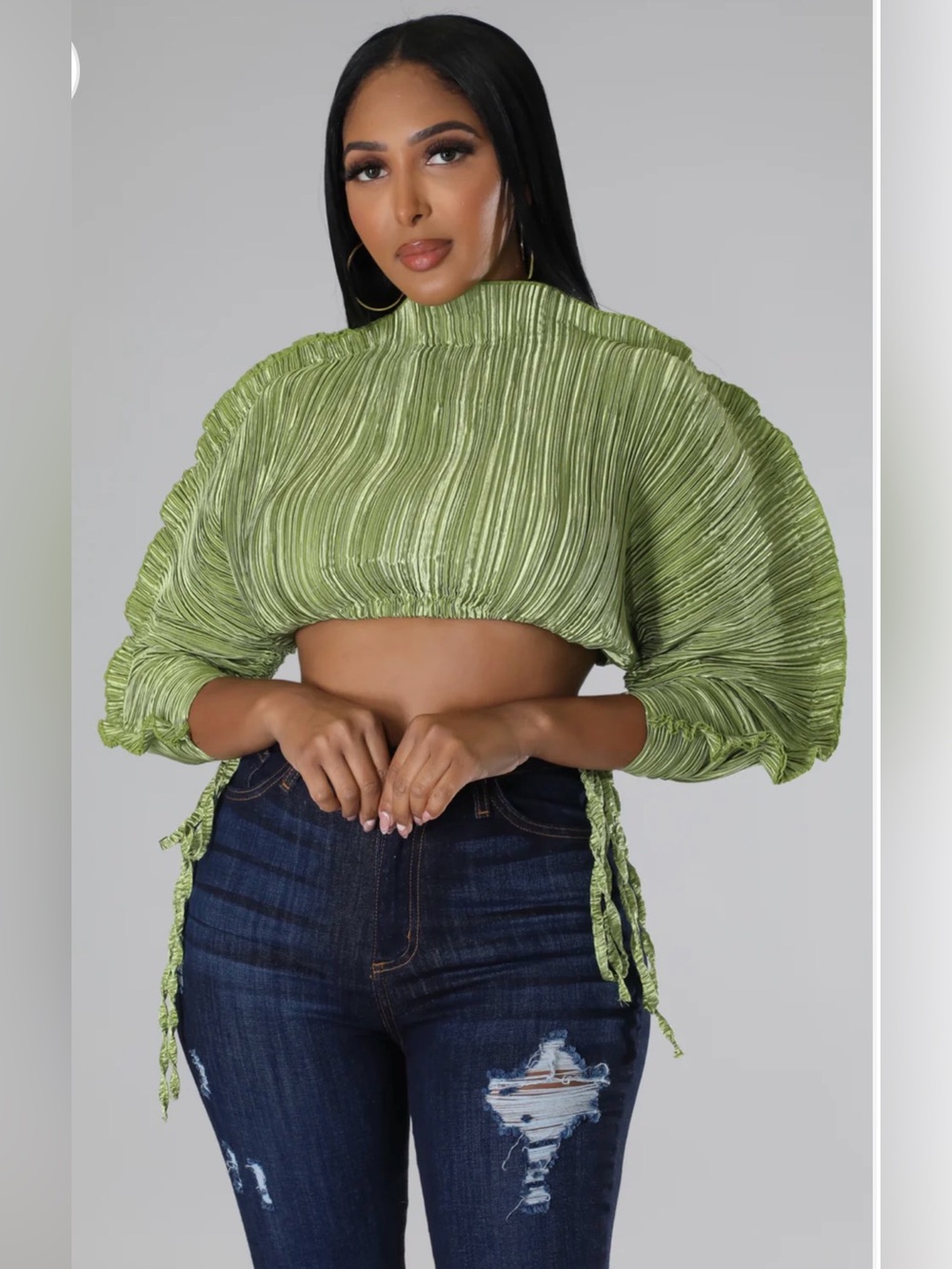 Cropped Pleated Balloon-Sleeve Top in Lime Green